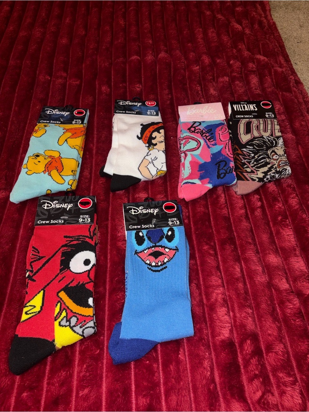 Disney Assorted Character Crew Socks - Blue, Red, Pink, White, Black, Brown